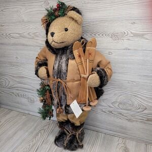 Dennis Basso Home Winter Standing‎ Rustic Bear Holding Skis Faux Fur Boots 21"